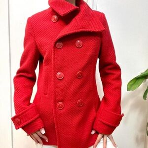 Red Wool Blend Double Breasted Peacoat, Size Medium